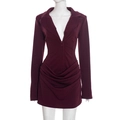 Elegant deep burgundy long sleeve wrap dress with V-neckline and pleated detail - S / Burgundy