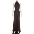 Detail of dark brown halter neck dress showing vertical chest pleats and ruched waist details - S / Brown
