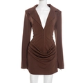 Elegant brown long-sleeve blazer dress with deep V-neck and ruched asymmetrical hem - S / Brown