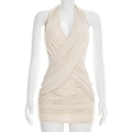Detail of beige ruched mini dress showing criss-cross halter neck and wrap design - S / Apricot