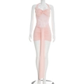 Détail de mini robe licou rose clair avec patchwork en tulle et design en tissu froncé - S / Rose Clair