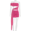 Detalle del vestido de malla rosa fucsia con hombros caídos, recorte y cordones fruncidos - S / Rosa Rojo