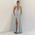 Elegant light blue-grey halter maxi dress with deep V-neck and side slit detail - S / Light Gray