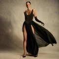 Elegant black two-piece slit dress with flowing chiffon skirt and sleeveless bodice - S / Top And Bottom / Black