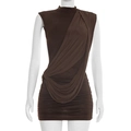 Detail of elegant draped pleats and asymmetrical design on the brown sleeveless mini dress - S / Brown