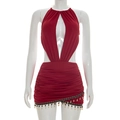 Mini abito sexy bordeaux a lupetto con nappe bohémien e dettagli cut-out - S / Borgogna