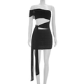 Vestido ajustado negro sexy de un hombro con aberturas, fruncido y cintas largas - S / Negro