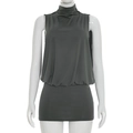 Detail view of dark grey sleeveless mini dress with draped high neck and fitted waist - S / Dark Grey