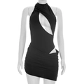 Slim fit black halter dress with asymmetrical cutout and ruched detailing for women - S / Black