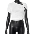Detailed view of the asymmetrical twisted neckline on a white slim-fit cropped T-shirt - S / White
