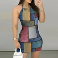 Slim fit halter neck mini dress with vintage denim patchwork print for women - S / Colorful Floral
