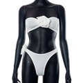Detail of white two-piece set featuring large 3D fabric roses on tube top and bottoms - S / White