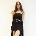 Ensemble haut bustier drapé noir et mini-jupe avec de longs pompons pour femmes - S / Noir