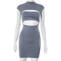 Detail of grey knit bodycon dress showing cutout design and ribbed texture on the fabric - L / Dark Gray