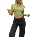 Detail view of sage green slim fit long sleeve crop top with a classic crew neck design - XS / Tops / Long Sleeve / Green