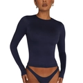 Detailed close-up showing navy blue ribbed fabric texture and crew neckline of the top - S / Tops / Dark Blue
