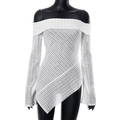 Detail of white off-shoulder top showing ribbed texture and irregular asymmetric hemline - S / White