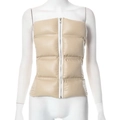 Detailed front view of a beige PU leather strapless padded vest with silver zipper closure - S / Khaki