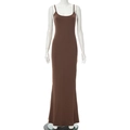 Detailed view of the brown slim-fit maxi dress featuring a U-neckline and spaghetti straps - S / Brown