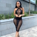 Elegant black halter bodycon dress featuring sheer mesh patchwork panels for women - S / Dark Green