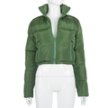 Women's army green padded jacket with stand collar and elastic cuffs in short design - Dark Green
