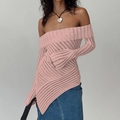 Pink off-the-shoulder long sleeve knit top with asymmetric hem and ribbed texture - Pink