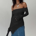 Slim fit black off-shoulder long sleeve knit top with an asymmetrical hem design - Black