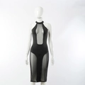 Slim fit black halter dress with sheer mesh panels and cut-out details on a mannequin - S / Black