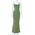 Robe longue moulante vert avocat à fines bretelles et taille haute pour femmes - Vert