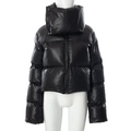 Detail of glossy black padded jacket showing stand-up collar and quilted texture - S / Black