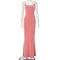 Slim fit sleeveless maxi dress in deep pink coral with delicate spaghetti straps - XXS / Pink