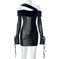 Detail of black PU leather dress featuring faux fur collar and drawstring sleeve ties - S / Black