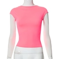 Detail of neon pink slim fit t-shirt featuring cap sleeves and a minimalist round neck - S / Rose Red