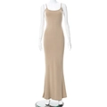 Robe longue moulante beige avec fines bretelles et ourlet sirène à la cheville - Khaki Clair