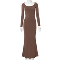 Detail of a brown long sleeve bodycon dress featuring a round neck and floor-length hem - M / Brown