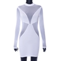 Detailed view of white bodycon mini dress featuring sheer mesh patchwork and long sleeves - S / White
