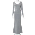 Detail view of the scoop neck and high-elastic grey ribbed fabric on this bodycon maxi dress - S / Gray