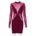 Detail view of burgundy mesh patchwork and slim fit design on a short bodycon dress - S / Dark Red