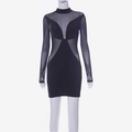 Detail of slim-fit black dress featuring sheer mesh patchwork and high collar design - S / Black