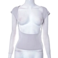 Detail of light grey low U-neck backless crop top featuring slim fit stretchy fabric - S / Gray