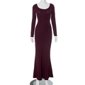 Detailed view of dark burgundy slim-fit maxi dress with long sleeves and floor-length hem - M / Burgundy