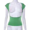 Detalle del crop top de punto verde que muestra la textura y el diseño de espalda abierta - S / Verde