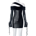 Slim fit black faux leather party dress with faux fur trim and lace-up sleeves - M / Black