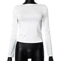 Detail of white long sleeve top with boat neck design on a mannequin - S / White