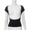 Detail of black open-front cut-out cropped top on a mannequin with high-stretch knit fabric - S / Black