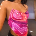 Pink and purple marble halter top with open back and handkerchief hem for women - Marble Mixed Color