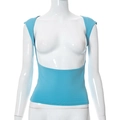 Detailed view of the sky blue knit top featuring a deep U-neck and cap sleeve design - S / Blue