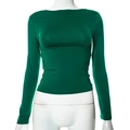 Detail view of the deep green slim-fit long-sleeve top with smooth elastic fabric - S / Dark Green