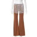 Detail of high waisted brown flare pants with shimmering silver fringe waist decoration - S / Brown