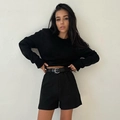 Detail shot of black long sleeve knit crop top with matching high waist shorts and belt - S / Black
